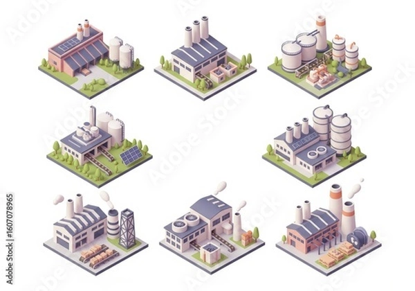 Fototapeta Six vibrant 3D isometric factory illustrations with industrial elements on white background featuring chimneys, tanks and conveyors