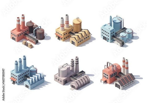 Fototapeta Six vibrant 3D isometric factory illustrations with industrial elements on white background featuring chimneys, tanks and conveyors