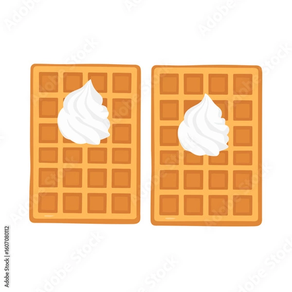 Fototapeta Two golden brown rectangular waffles with a dollop of fluffy whipped cream, flat vector illustration.