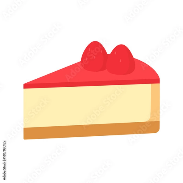 Fototapeta A delicious slice of strawberry cheesecake with a glossy red topping and two berry halves on a biscuit crust.