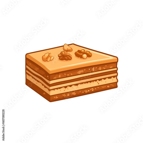 Fototapeta A square slice of layered walnut honey cake with cream filling and a smooth caramel glaze on top.