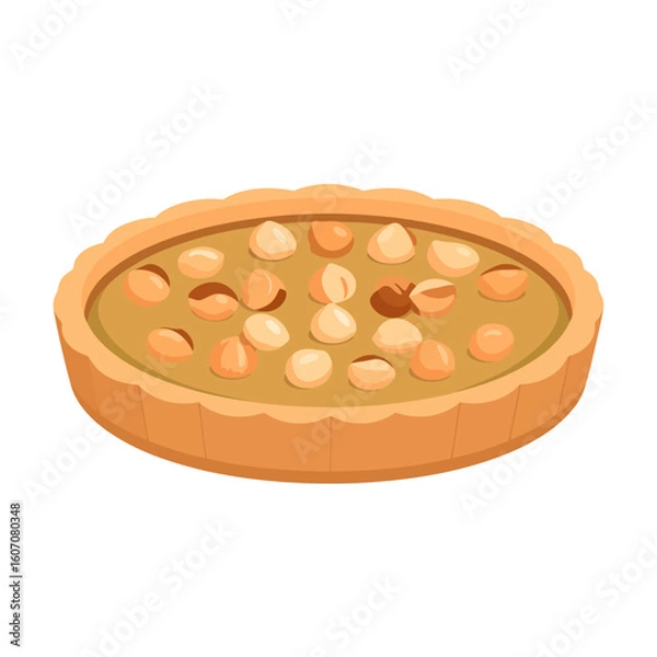 Fototapeta A whole macadamia nut tart with a sweet caramel filling and a golden fluted pastry crust, illustrated style.