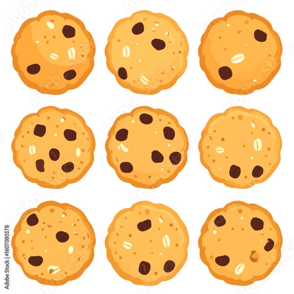 Fototapeta Set of nine cartoon oatmeal chocolate chip cookies with a simple, flat design.