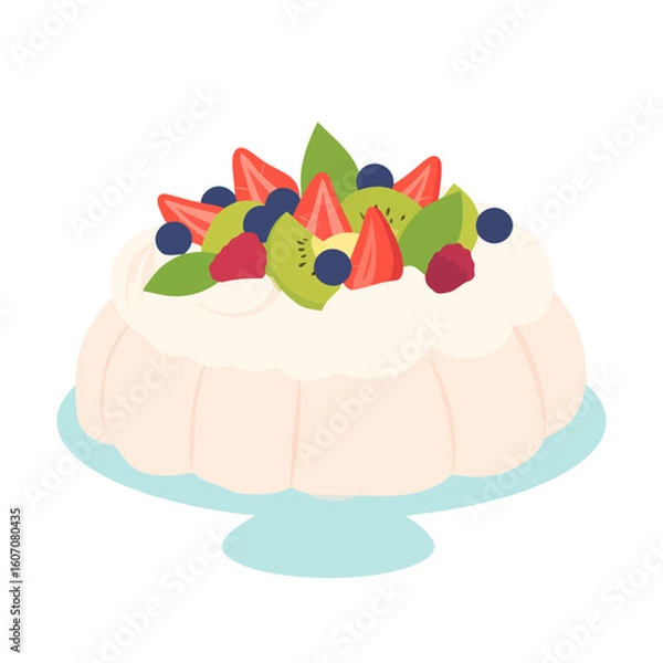 Fototapeta Elegant Pavlova meringue cake with whipped cream and fresh fruit topping. A delicious dessert illustration with strawberries, kiwi, and berries on a stand.