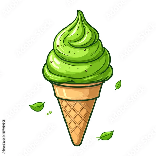 Fototapeta Vibrant green matcha soft-serve ice cream in a crispy waffle cone, cartoon vector style.