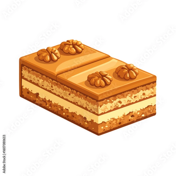 Fototapeta Two slices of layered honey cake with a glossy glaze and walnut garnish.