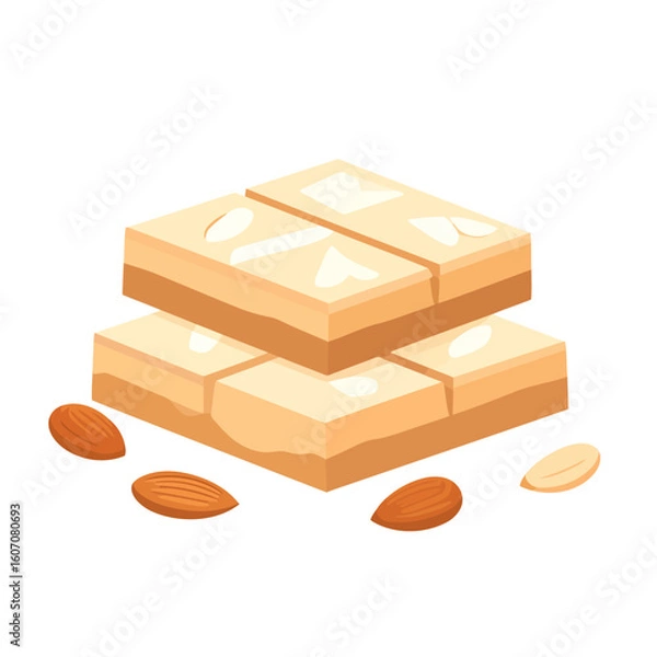 Fototapeta Stacked creamy almond fudge squares, cut into blocks and garnished with whole almonds and slivers.