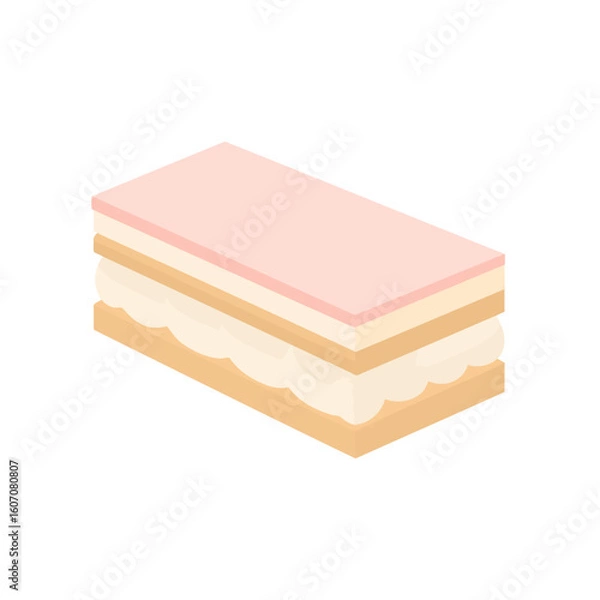 Fototapeta A rectangular slice of layered pastry with smooth pink icing and a thick cream filling.