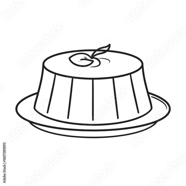 Fototapeta Simple black and white line drawing of a flan pudding dessert with a leaf garnish on top.