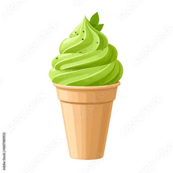 Fototapeta Vibrant swirled matcha soft serve ice cream in a wafer cone, garnished with tea leaves.