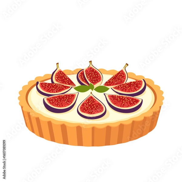 Fototapeta Gourmet fig tart with a creamy filling, topped with fresh sliced figs and a mint sprig.