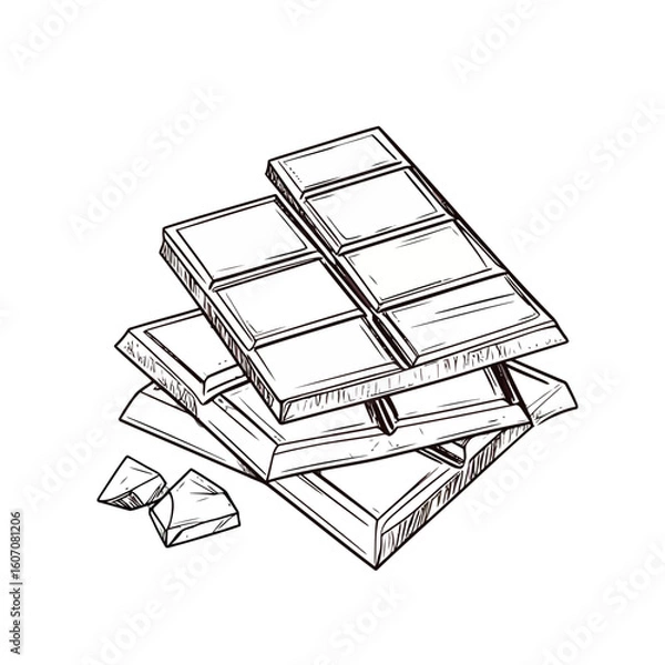 Fototapeta A detailed sketch illustration of stacked, segmented chocolate bars with small broken chunks.