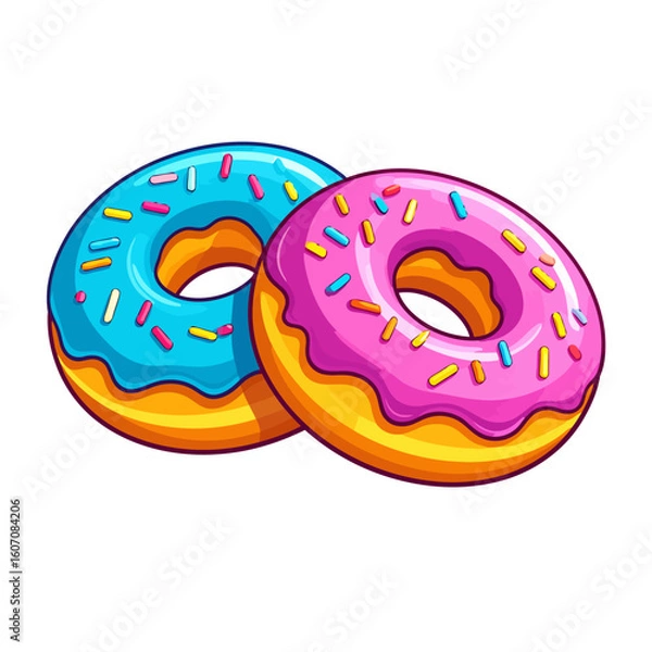 Fototapeta Two vibrant cartoon donuts with glossy pink and blue icing and colorful sprinkles.