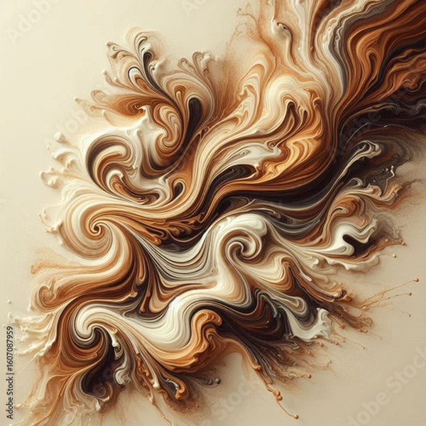 Fototapeta Abstract swirls of coffee and milk blending in slow motion, golden-brown marbled textures, liquid art style with wispy trails. Cream-colored background