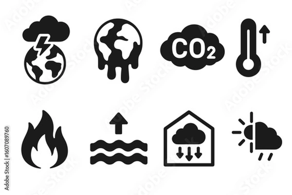 Fototapeta Climate change symbols: global warming, co2 emissions, rising temperatures, flooding, wildfires