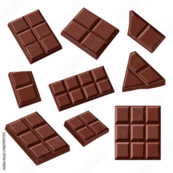 Fototapeta Vector set of dark chocolate bars and broken pieces. Assorted chunks and segments of sweet confectionery.