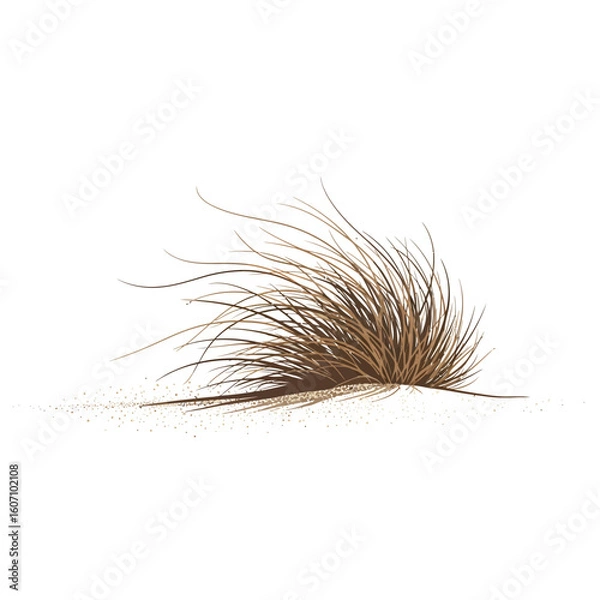Obraz Illustration of a clump of dry, brown grass growing on a small mound of sand, isolated on a white background.