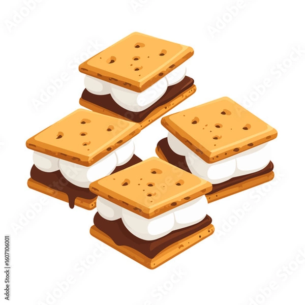 Fototapeta Four classic s'mores with melted chocolate and fluffy marshmallows, shown in an isometric illustration.