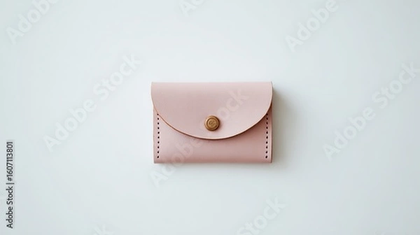 Fototapeta A minimalist leather card case with an envelope-shaped opening, soft pastel pink hues, subtle grain texture, two metal button-style pins on front, and an embossed pocket for elegant luxury.