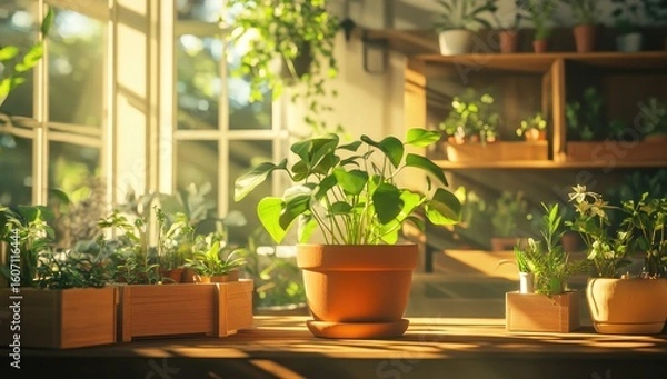 Fototapeta Sunlight streams through a window, illuminating a variety of potted plants on a wooden table and shelves