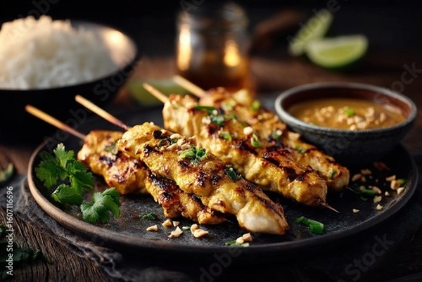Fototapeta Grilled satay skewers on a dark plate with peanut sauce and rice