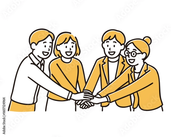 Fototapeta Business team of four joining hands in partnership, minimal line art illustration
