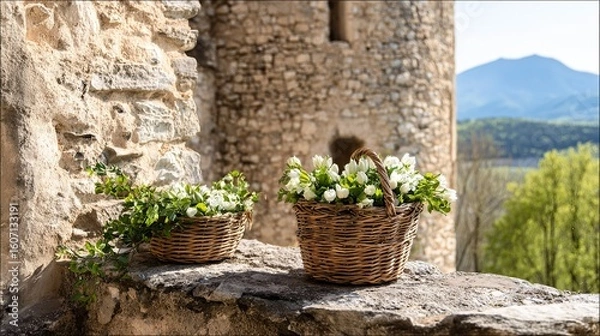 Fototapeta A woven basket with white flowers on the stone windowsill of an ancient French castle, overlooking green hills, trees in springtime, sun through leaves on a stone path for a warm atmosphere.