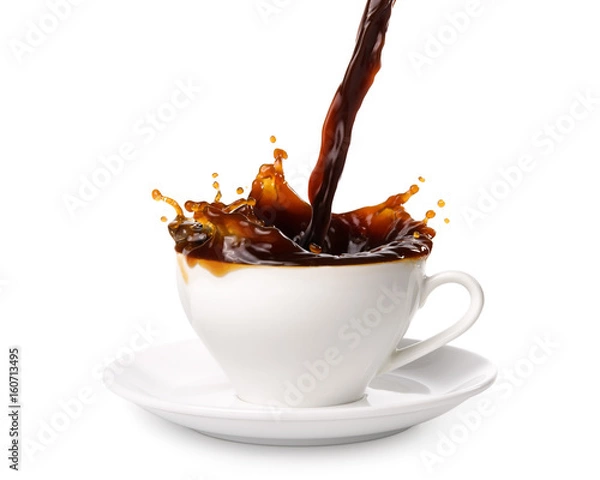 Fototapeta Pouring coffee into cup with splashing., Isolated on white background.