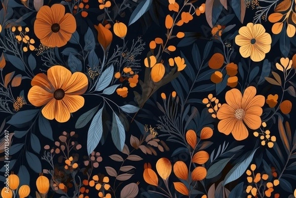 Fototapeta A rich floral pattern.  Deep navy background densely covered with orange-gold flowers and muted blue-grey leaves.  Soft details and varied flower sizes