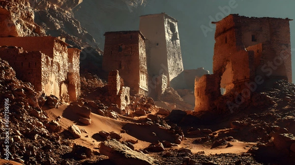 Fototapeta Ancient ruins emerge from desert sands, symbolizing time's passage and nature reclaiming human creations in an untouched landscape