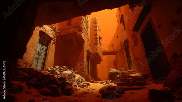 Fototapeta Ancient ruins emerge from desert sands, symbolizing time's passage and nature reclaiming human creations in an untouched landscape