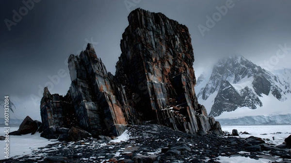 Fototapeta Majestic rock formations rise dramatically from icy waters under a moody sky in the untouched landscape of Antarctica