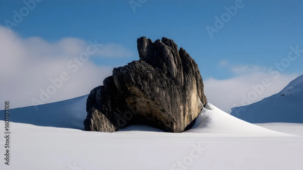 Fototapeta Majestic mountain rock contrasts against pristine snow in a serene winter landscape during a cloudy day