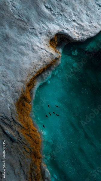 Fototapeta Glacial river surrounded by ice formations and birds in flight during a serene twilight setting