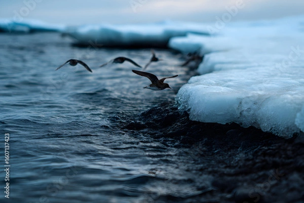 Fototapeta Glacial river surrounded by ice formations and birds in flight during a serene twilight setting