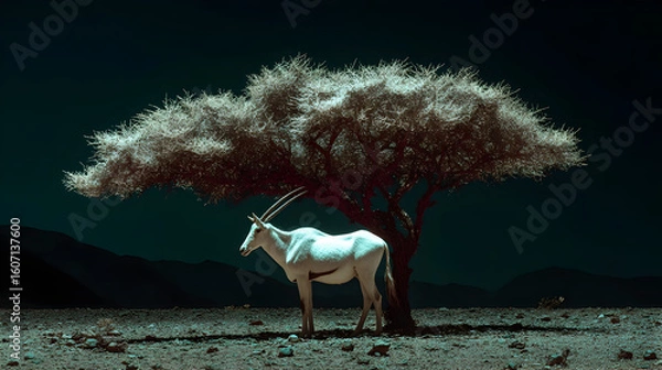Fototapeta Majestic oryx standing under a solitary tree in a serene desert landscape during twilight hours