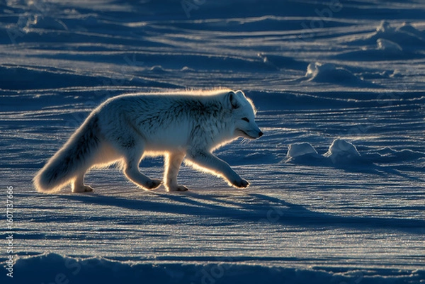 Fototapeta Arctic fox wandering across the icy landscape during a colorful sunset in the Arctic tundra