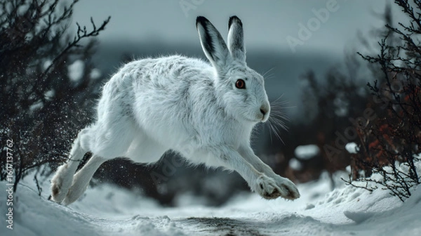 Fototapeta Snowy hare leaps gracefully across a winter landscape reflecting agility and the spirit of survival in the wild