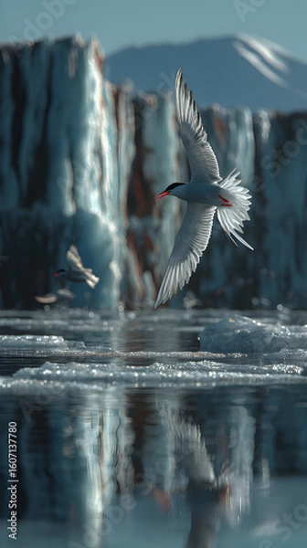 Fototapeta Majestic arctic tern gliding over icy waters during summer light, capturing the serenity and beauty of nature's elements