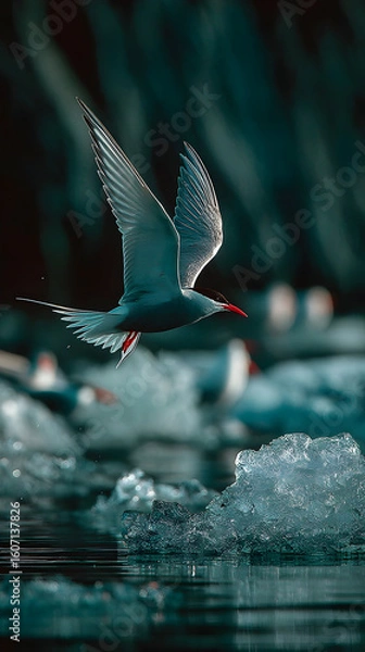 Fototapeta Majestic arctic tern gliding over icy waters during summer light, capturing the serenity and beauty of nature's elements