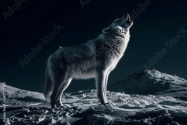 Fototapeta Wolf howling at the night sky in a snowy landscape, symbolizing wildness and freedom under a moonlit glow