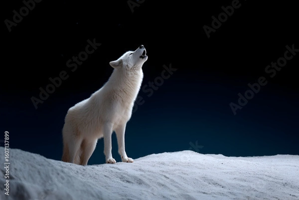 Fototapeta Wolf howling at the night sky in a snowy landscape, symbolizing wildness and freedom under a moonlit glow