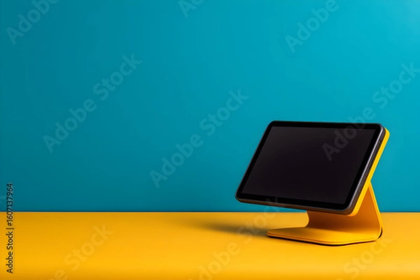 Fototapeta Brightly colored tablet centered against an abstract background of yellow and blue, showcasing the contrast between technology and creativity