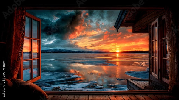 Fototapeta Winter sunset over frozen lake viewed from cozy cabin window, showcasing serene landscape and twilight colors reflecting on water