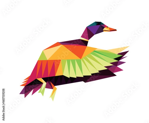 Fototapeta Flying Duck in colorful Polygonal low poly.  Duck abstract Vector Illustration. Duck colorful logo Abstract.