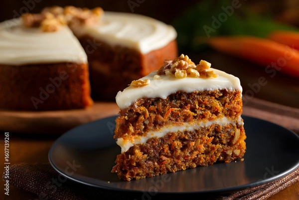 Fototapeta A delicious carrot cake displayed on a wooden platter garnished with walnuts and topped with creamy frosting in a cozy kitchen setting