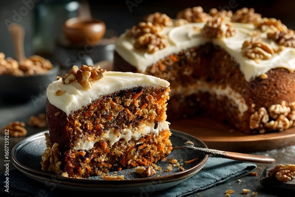 Fototapeta A delicious carrot cake displayed on a wooden platter garnished with walnuts and topped with creamy frosting in a cozy kitchen setting