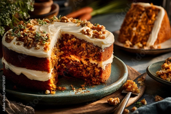 Fototapeta A delicious carrot cake displayed on a wooden platter garnished with walnuts and topped with creamy frosting in a cozy kitchen setting