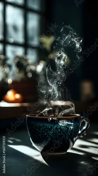 Fototapeta Warm steam rises from a handcrafted ceramic mug filled with hot beverage against a cozy, sunlit background in a plant-filled room