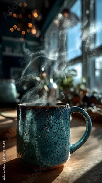 Fototapeta Warm steam rises from a handcrafted ceramic mug filled with hot beverage against a cozy, sunlit background in a plant-filled room